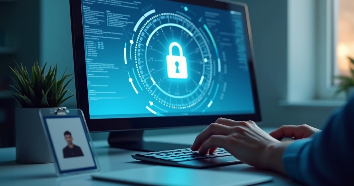 Tela de computador exibindo uma plataforma online de agendamento com cadeado digital ao centro, representando proteção de dados 