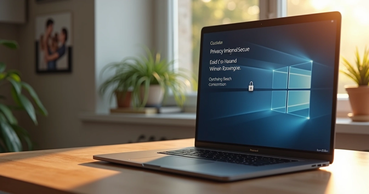 Laptop on home desk with privacy shield and security notification