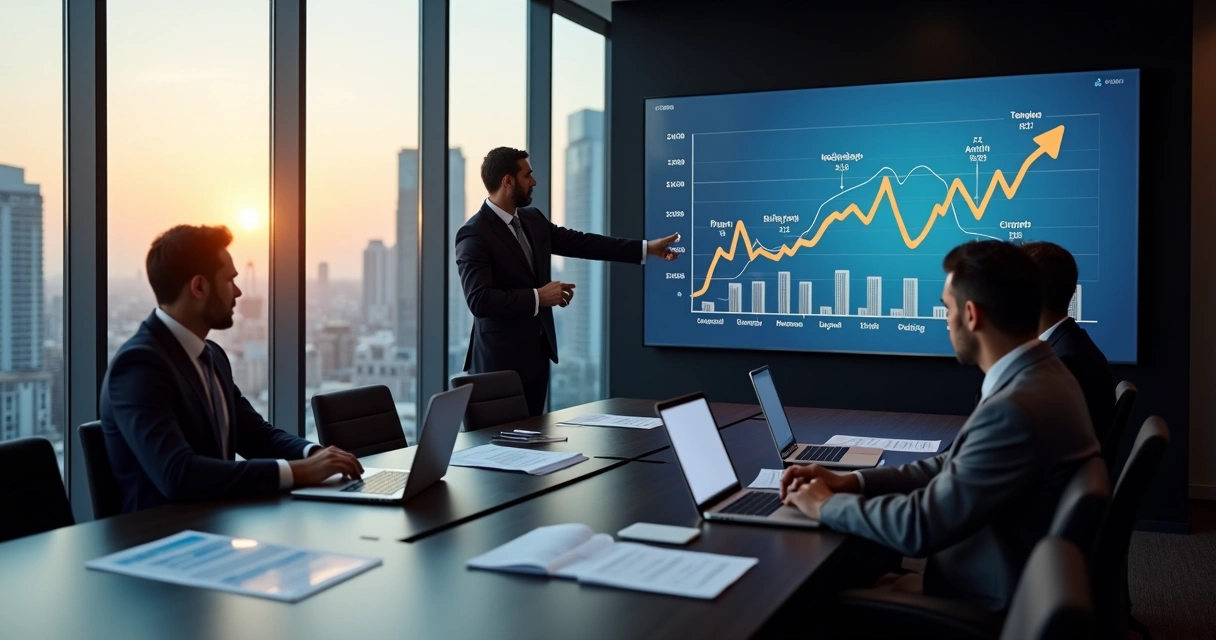 Executivos analisando gráfico de crescimento de empresas em reunião de private equity 