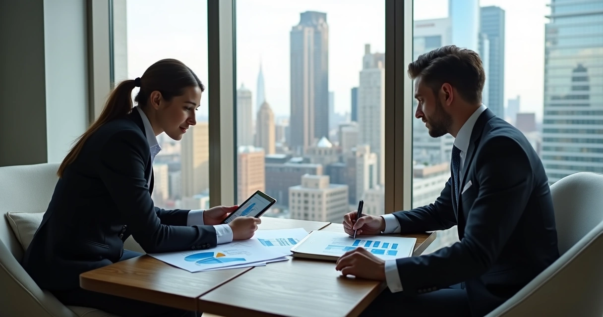 Financial professional and real estate investor meeting in a modern NYC office with property documents and city view