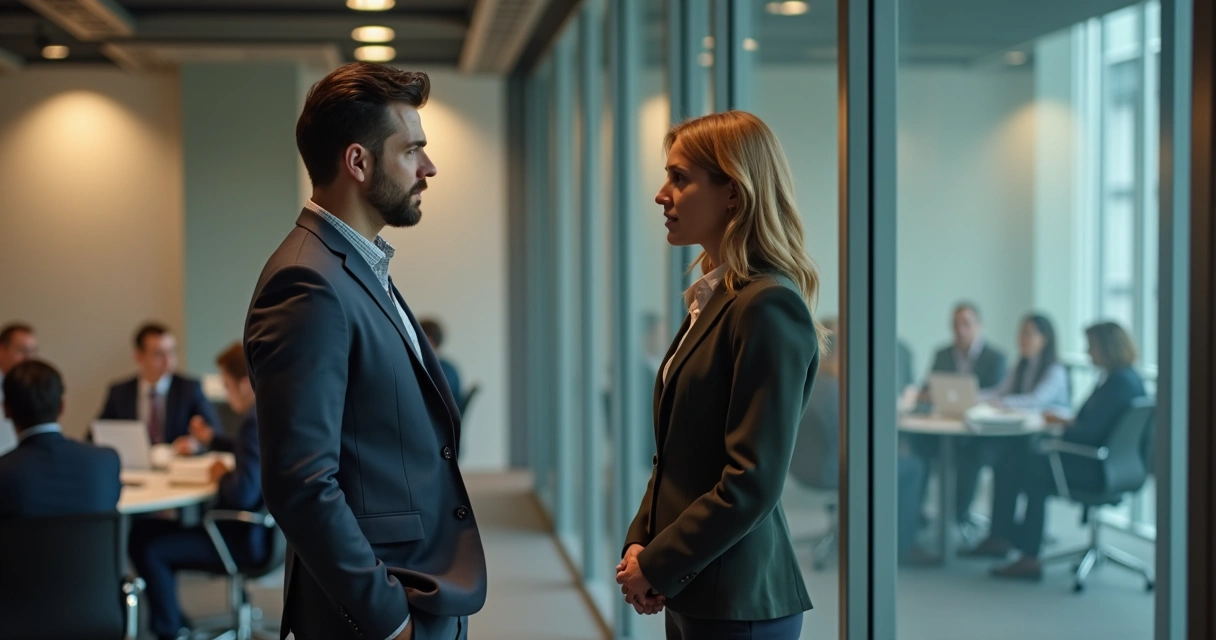 Two coworkers having a quiet side conversation in an office 