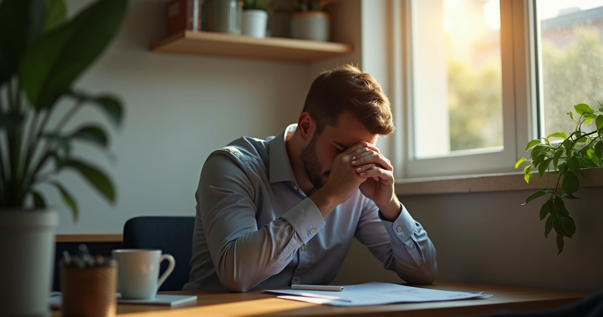Person sitting alone in a small office, looking thoughtful, sunbeam through window 