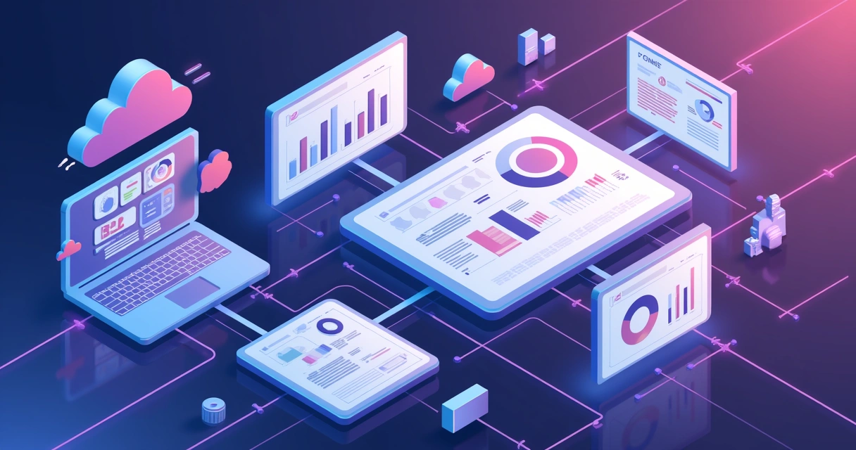 Painéis conectados de CRM, vendas e financeiro com fluxos de dados digitais 
