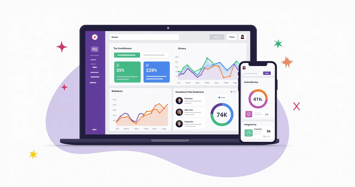 Dashboard de plataforma PRM moderno em notebook e smartphone, com gráficos coloridos 