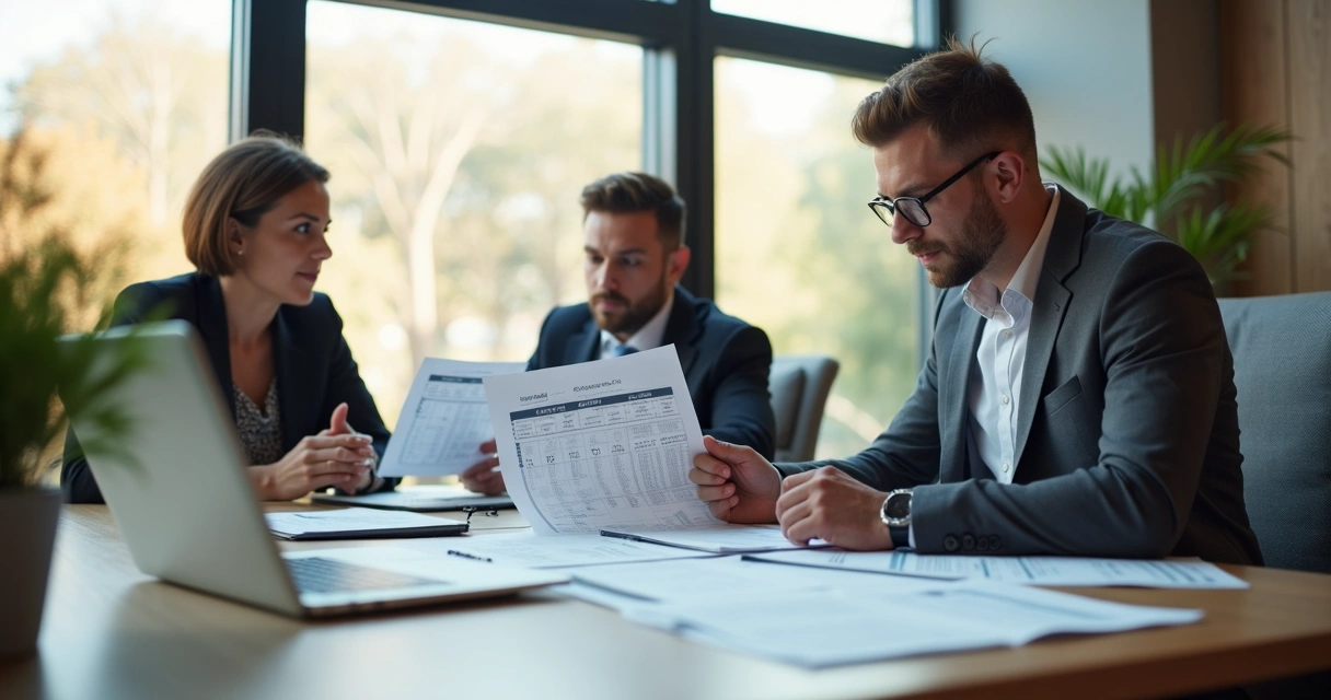 Reunião analisando tabelas de salários de mercado em escritório minimalista