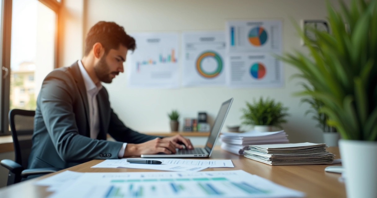 Sócio de escritório BPO trabalhando em mesa com papéis e computador 