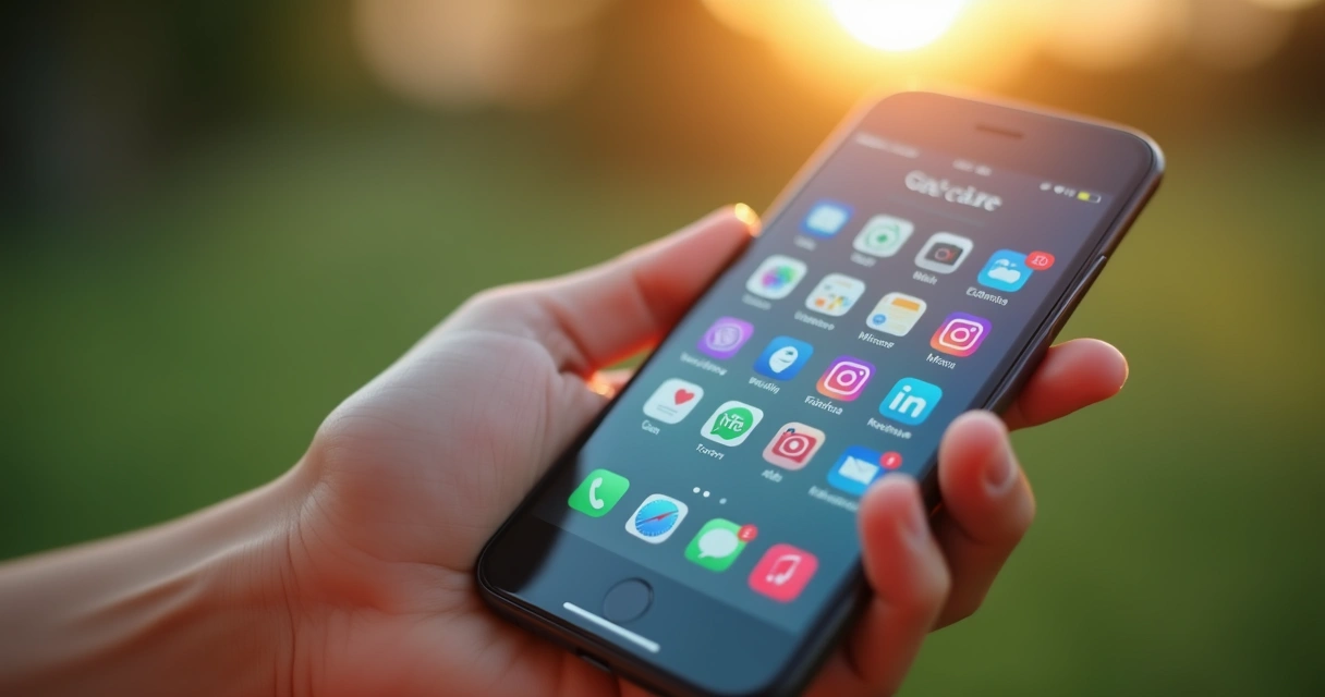 Mano con móvil mostrando muchas apps de bienestar