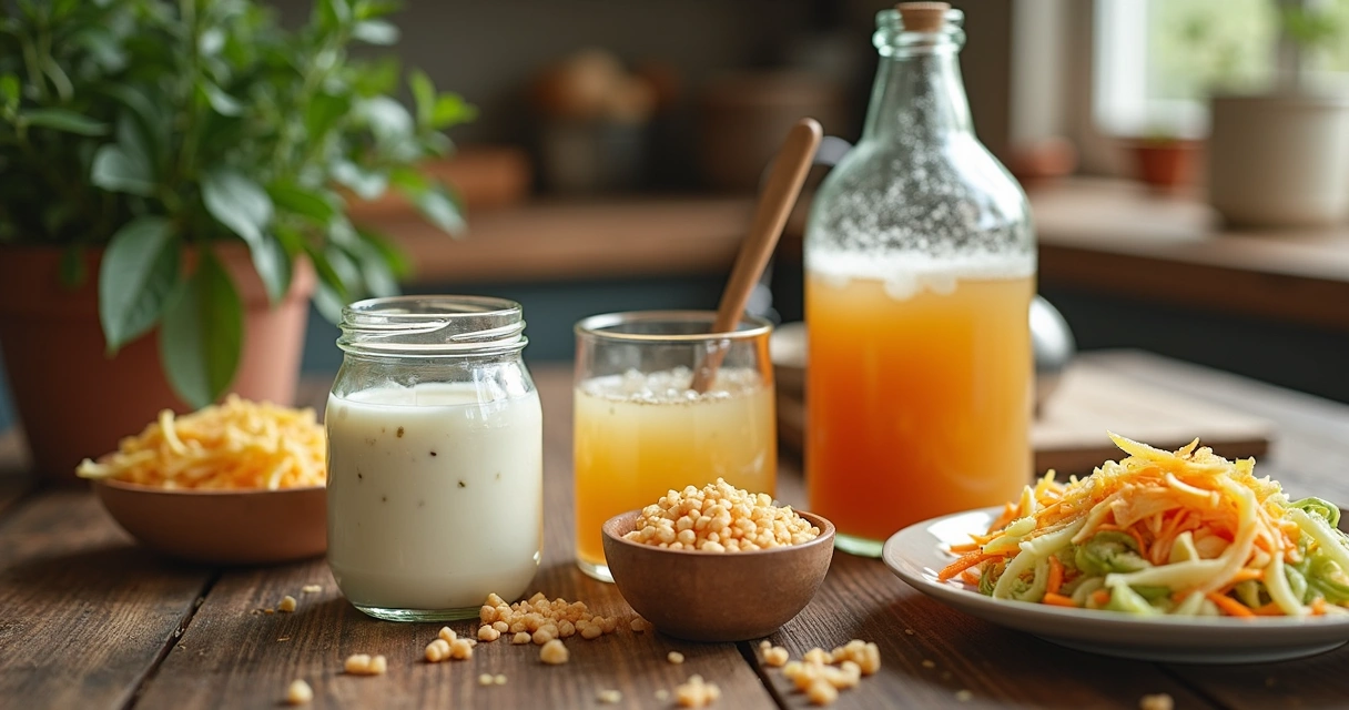 Variados alimentos fermentados com probióticos dispostos sobre mesa de madeira, incluindo iogurte, kefir, chucrute e kombucha 