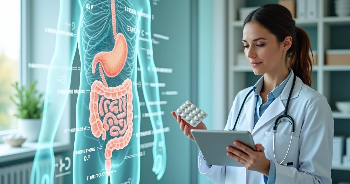 Médica segurando cápsulas de probióticos ao lado de ilustração de intestino humano saudável 
