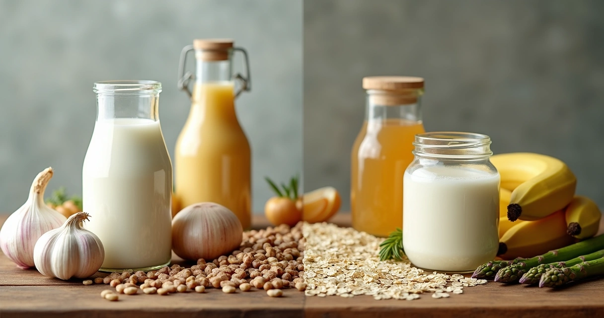 Alimentos fontes de probióticos e prebióticos lado a lado 