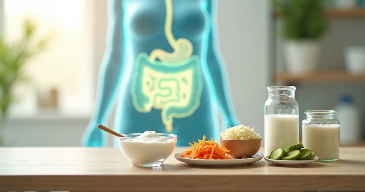 Mesa com alimentos fermentados e ilustração discreta de intestino saudável ao fundo 