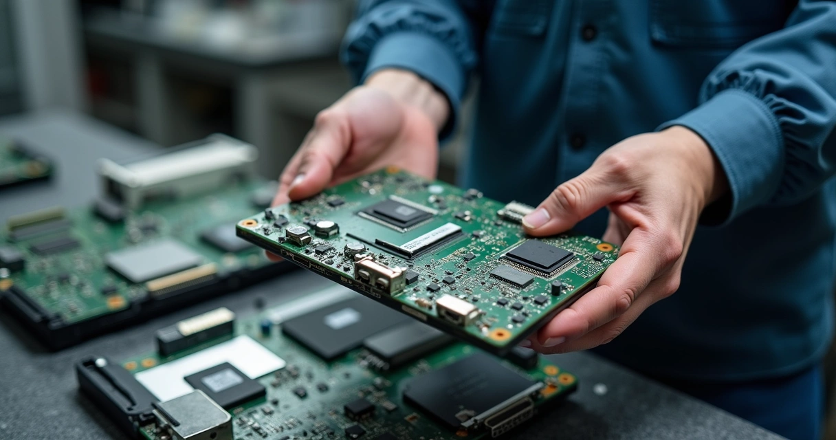 Técnico mostrando placa-mãe de notebook gamer com defeito no chipset