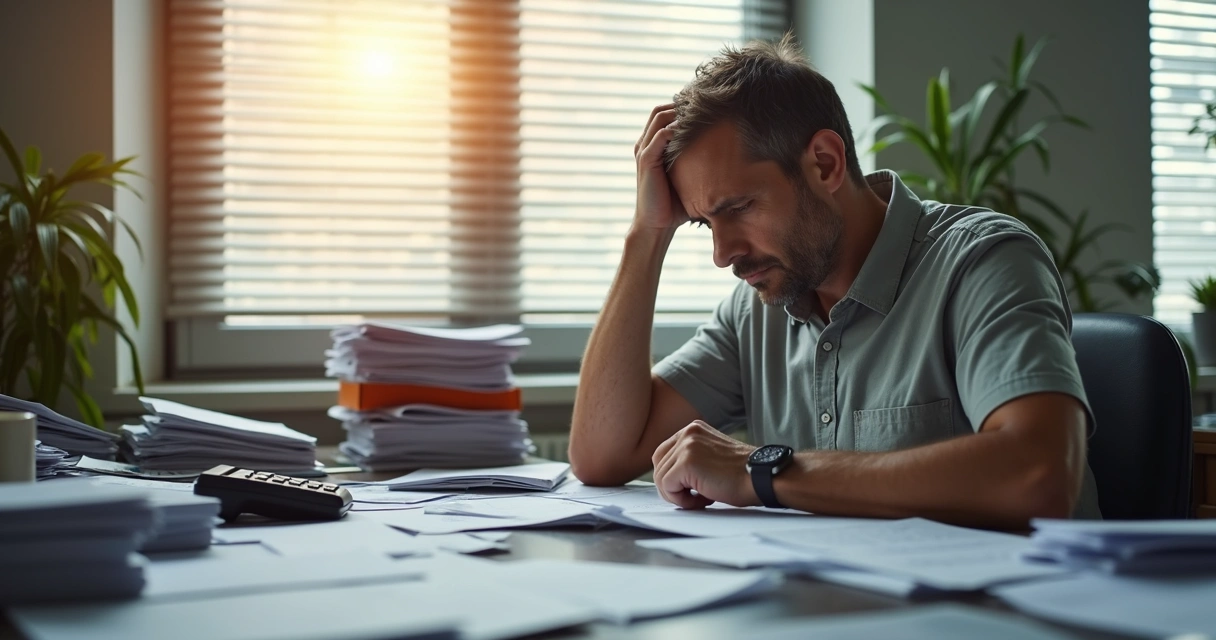 Funcionário preocupado olhando papéis de contas na mesa 