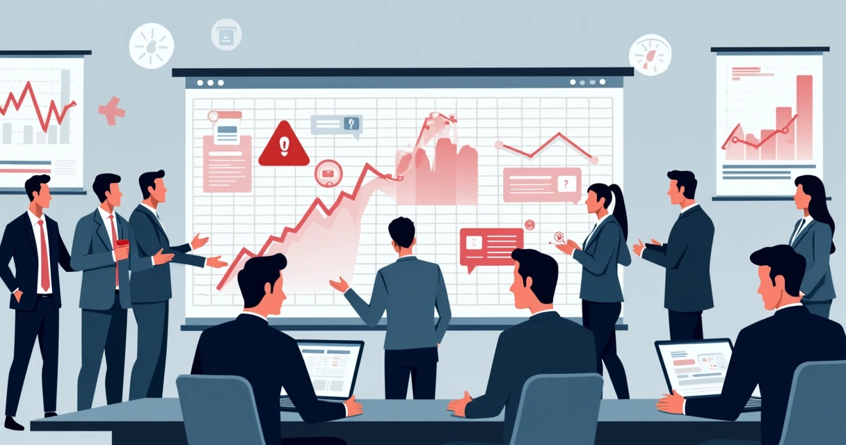 Desenho de profissionais preocupados diante de gráficos e telas mostrando dados inconsistentes e alertas 