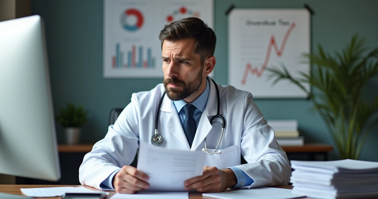 Médico preocupado revisando documentos financeiros na mesa