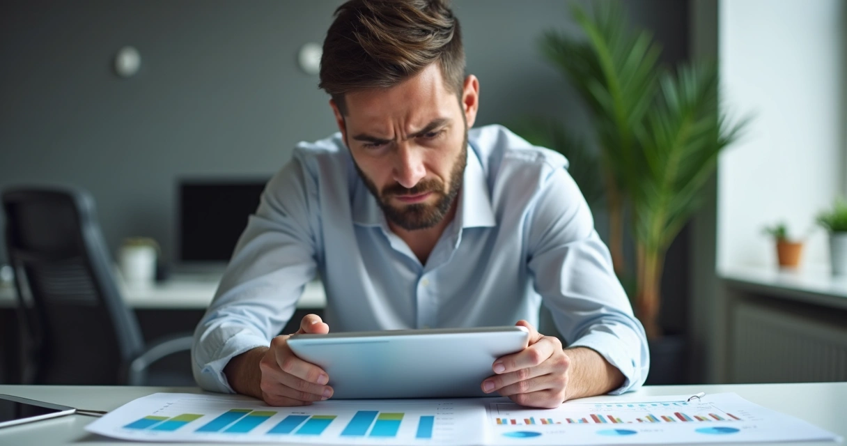 Pessoa preocupada revisando gráficos financeiros em escritório 
