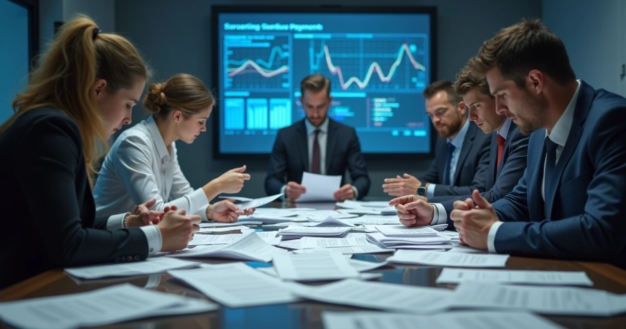 Múltiplas mãos lançando boletos e notas fiscais em uma mesa de escritório