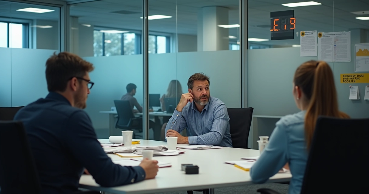 Pessoa em sala de reunião, rosto pensativo, ambiente de escritório ao fundo 