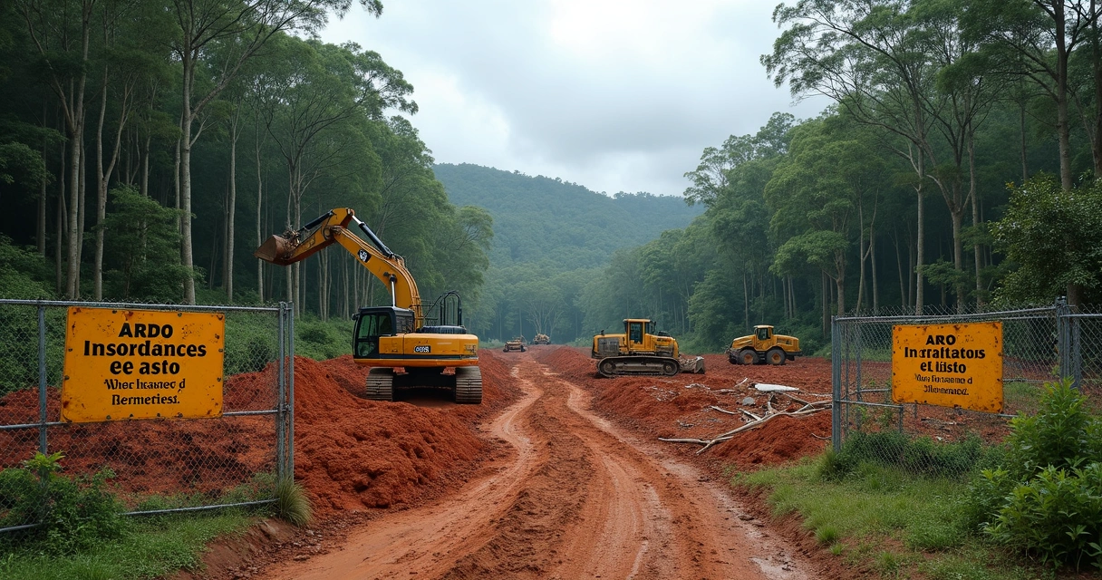 Área verde interrompida por obra de loteamento com máquinas e solo exposto, cercada por placas de advertência ambiental 