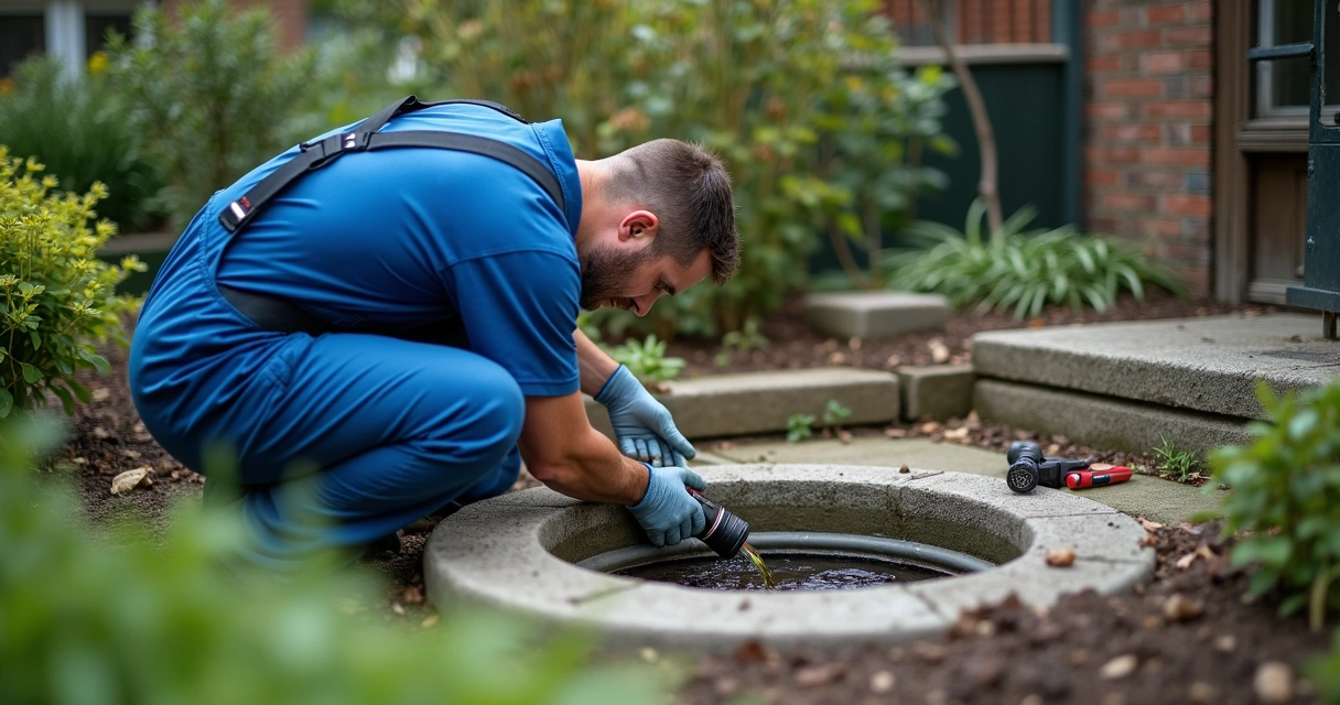 Técnico observa interior de caixa de inspeção de esgoto com equipamentos 