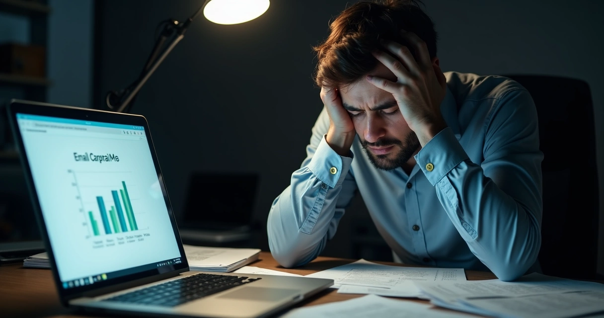 Homem frustrado ao analisar campanha de e-mail fracassada 