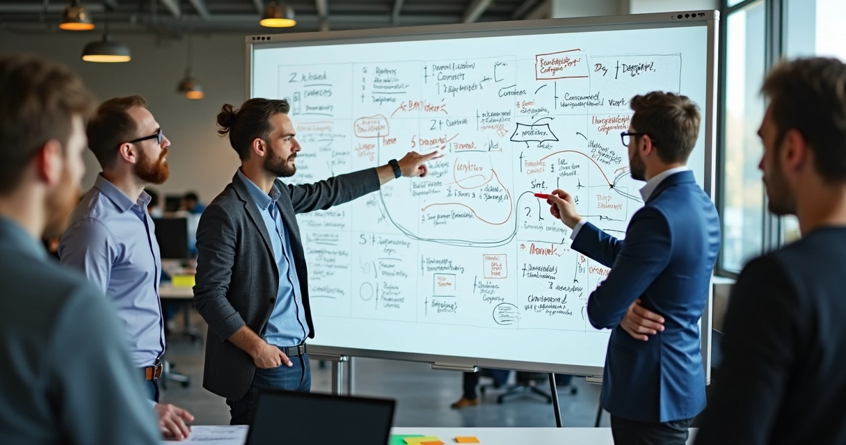Equipe de software com expressão de confusão em frente a um quadro com fluxos de requisitos contraditórios. 