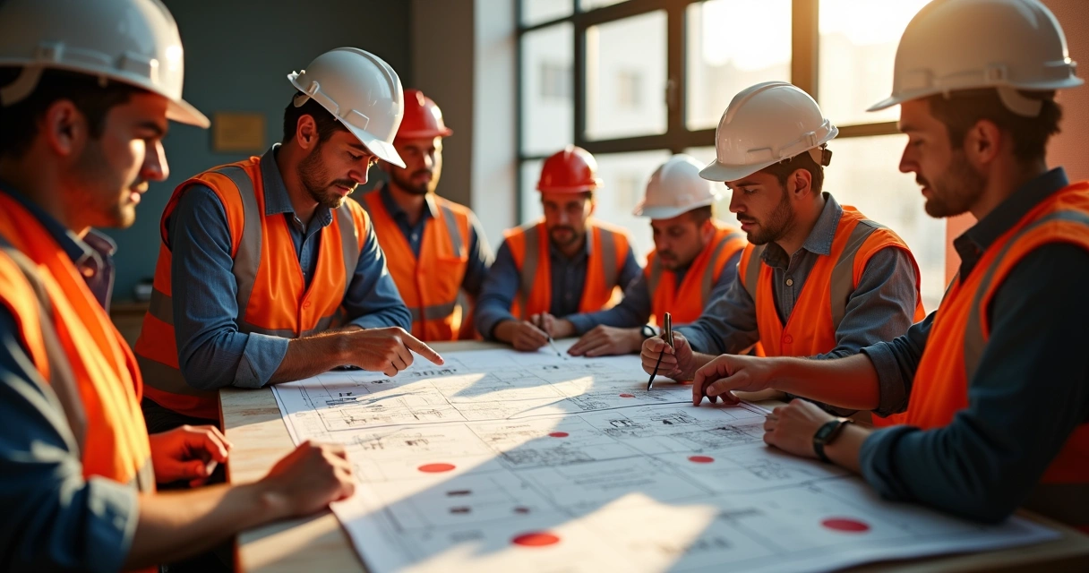 Equipe de obra analisando projeto com marcações de erros na construção 