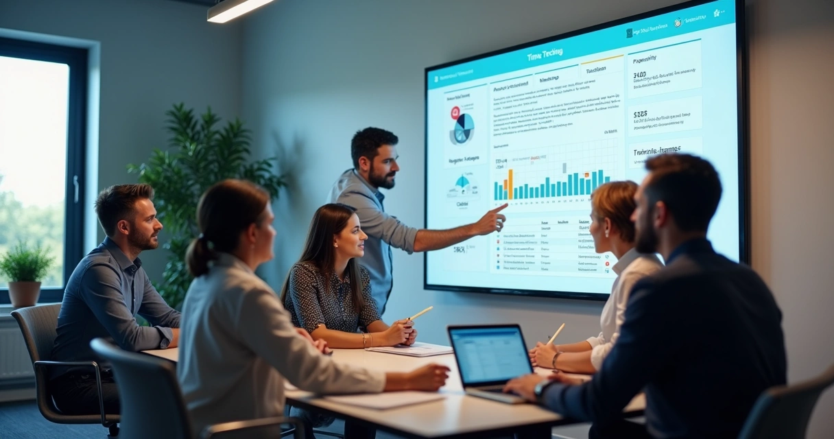 Gestor aponta problema no sistema de ponto digital, equipe de RH reunida analisando painel de dados 