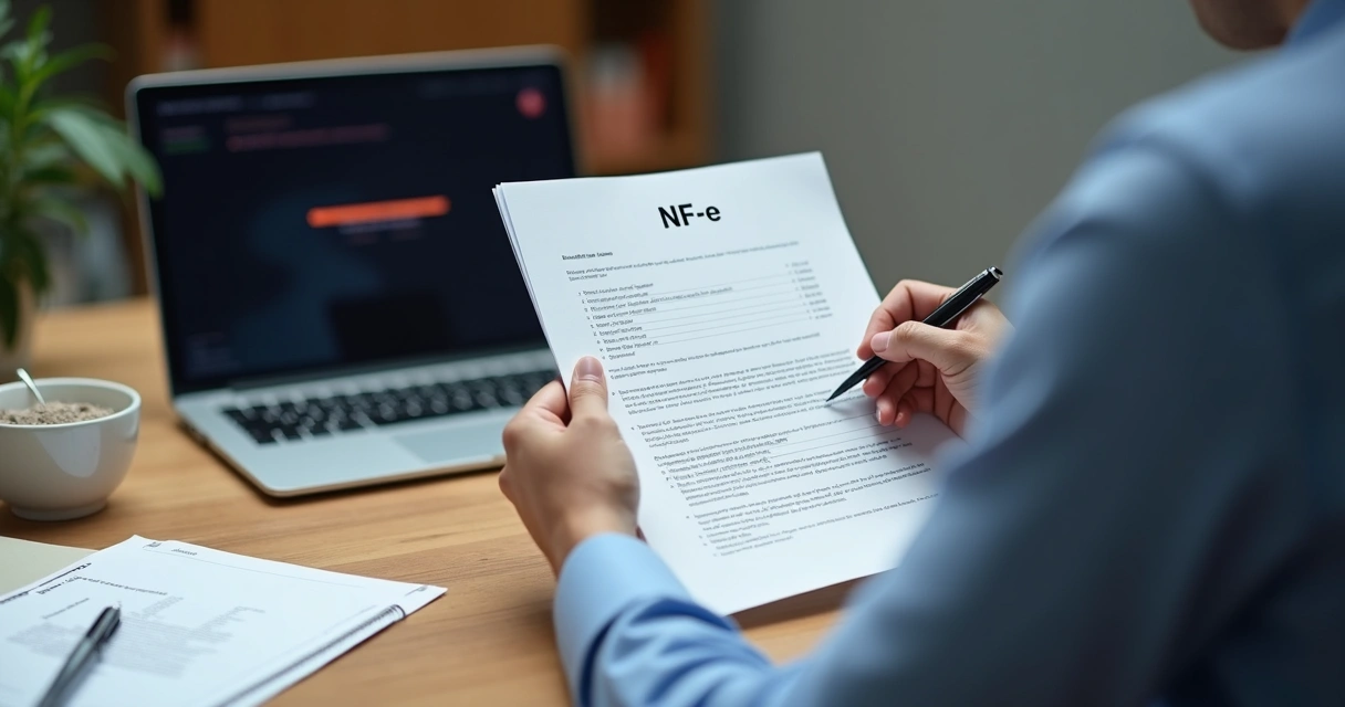 Pessoa revisando nota fiscal eletrônica com checklist 