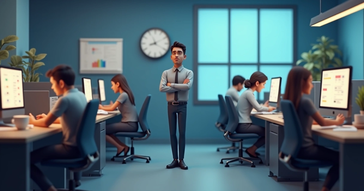 Equipe de agência em escritório com ambiente tenso e sobrecarga de trabalho representada em 3D 