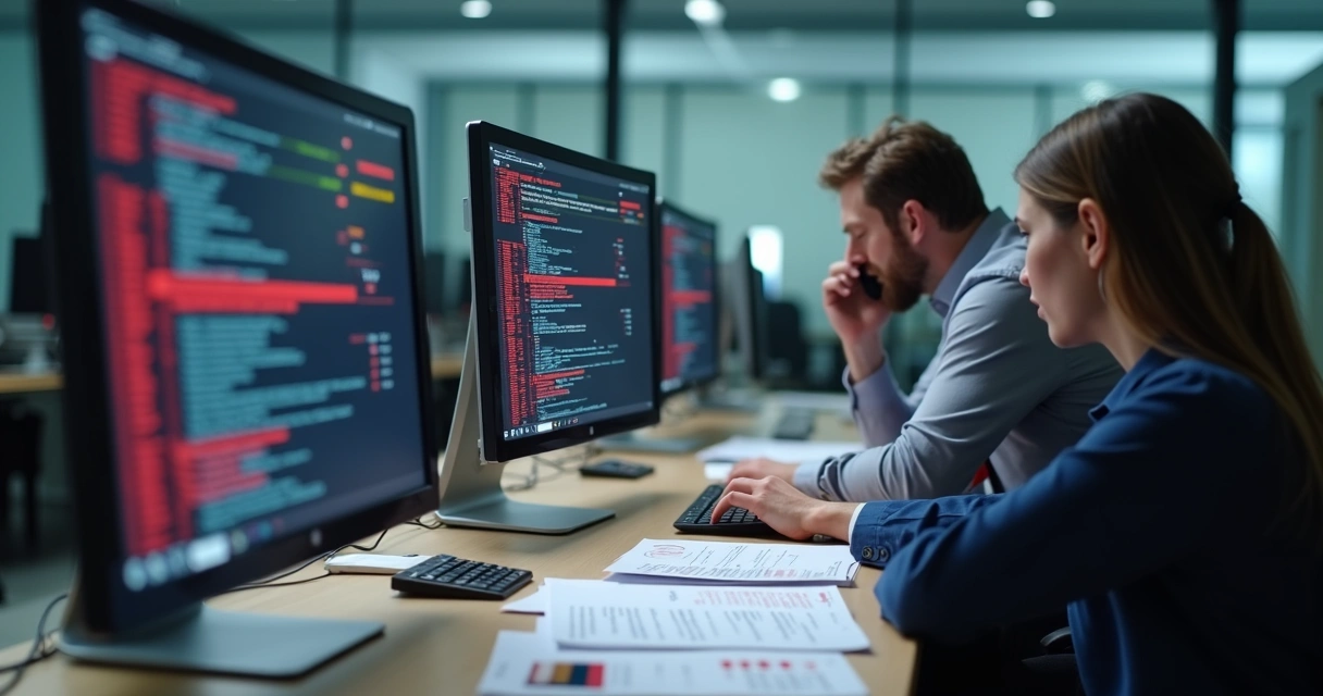 Equipe frustrada diante de computadores com pane tecnológica 