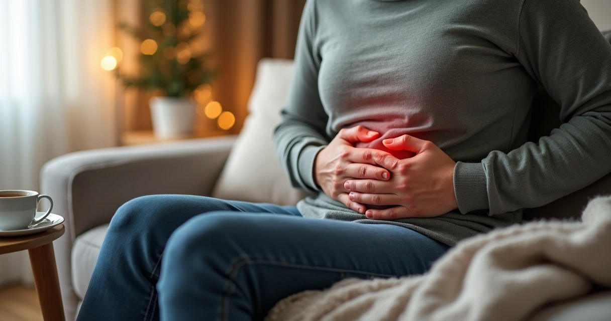 Homem tocando o abdome com expressão de desconforto sentado em ambiente caseiro 
