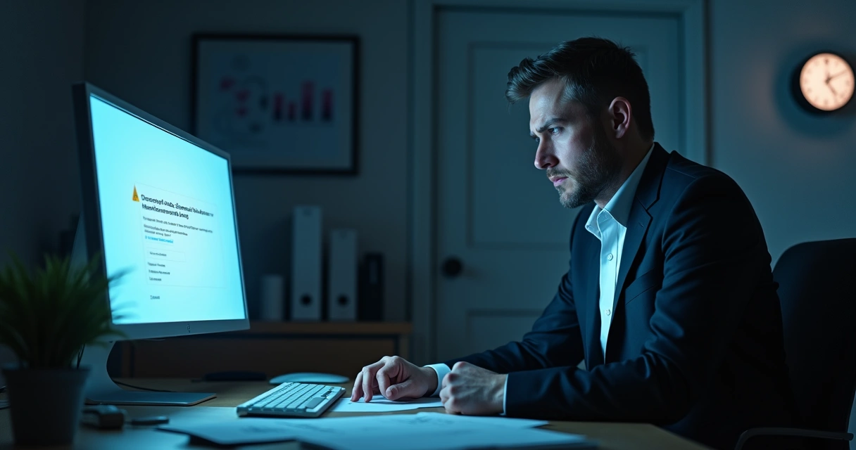 Certidão FGTS: Guia Completo para Imobiliárias e Advogados Pessoa frustrada tentando emitir certidão FGTS online em um computador, tela mostra erro.