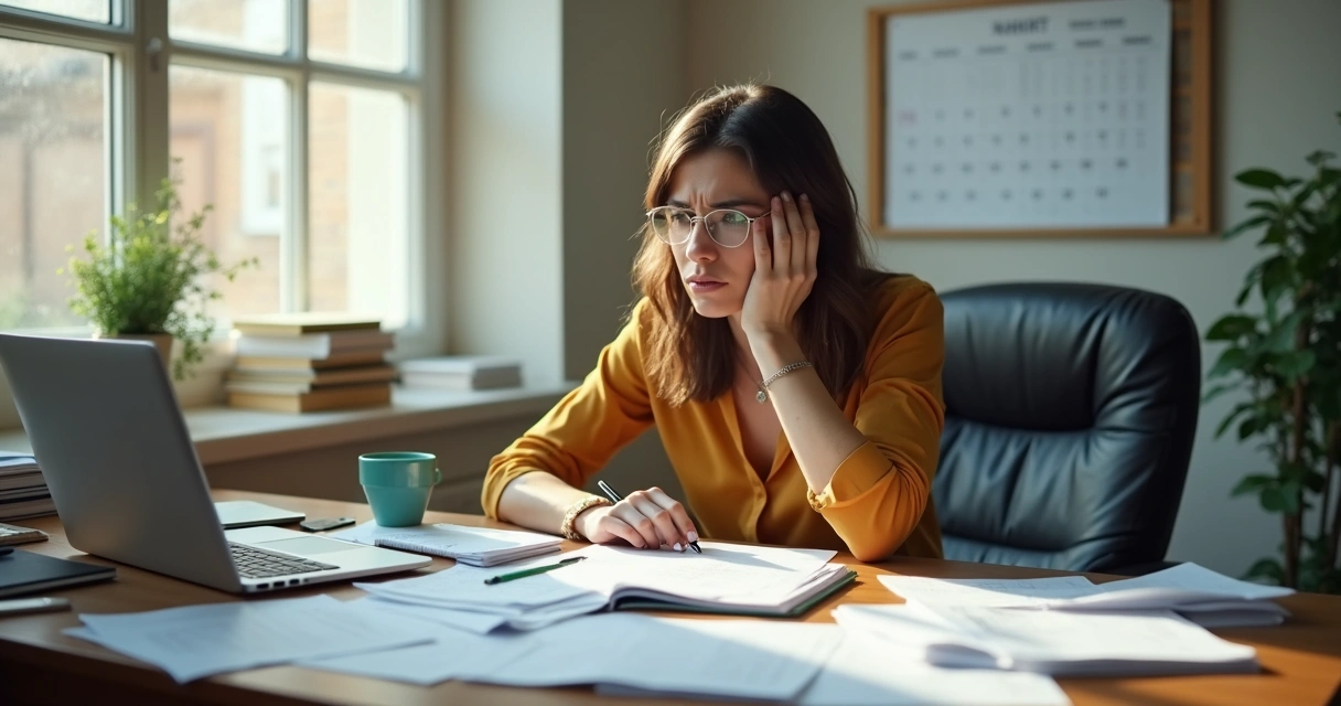 Ambiente de escritório pequeno com empresária preocupada olhando faturas e relatórios financeiros na mesa
