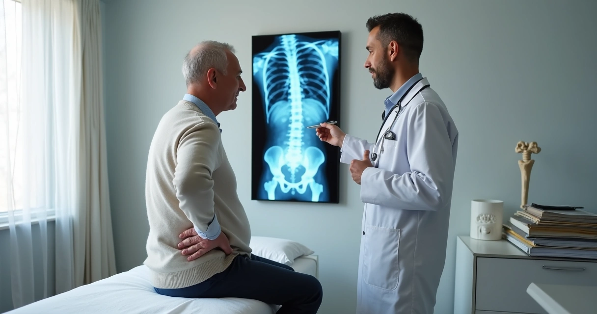 Raio X de coluna com lesões ósseas em consultório médico moderno 