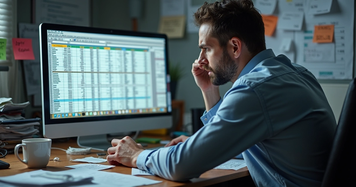 Vendedor frustrado olhando para tela do computador, planilhas desorganizadas 