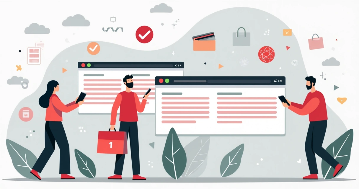 Sites fora do ar representados por telas com aviso de erro e compradores frustrados ao redor 