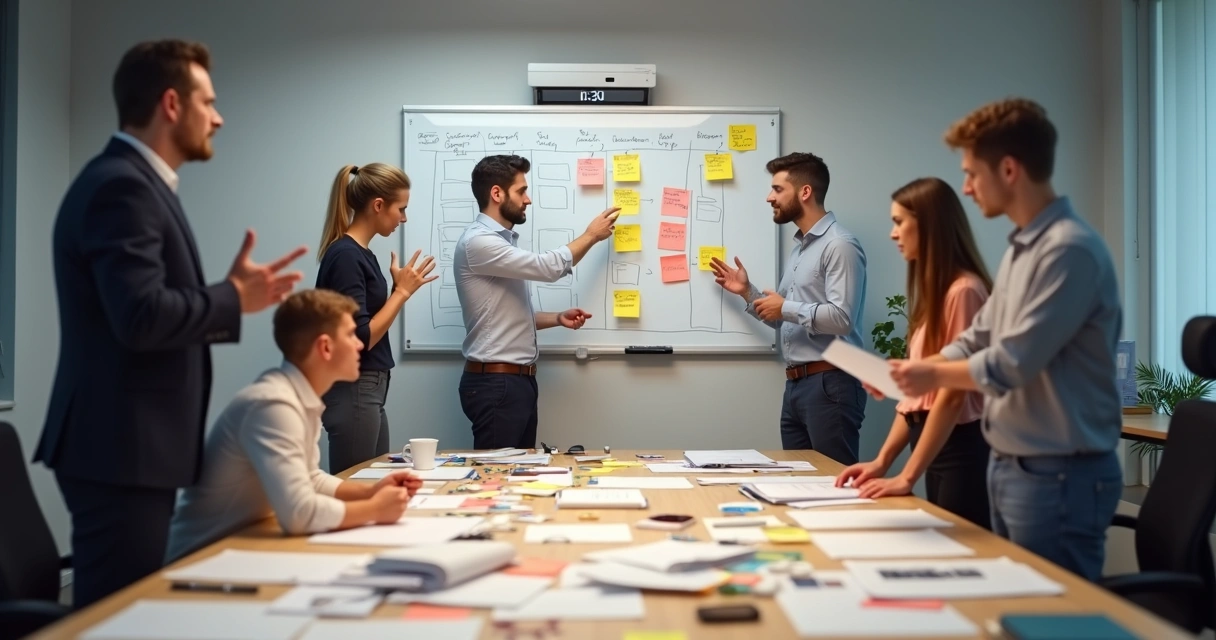 Funcionários tentando organizar processos com post-its e pranchetas 