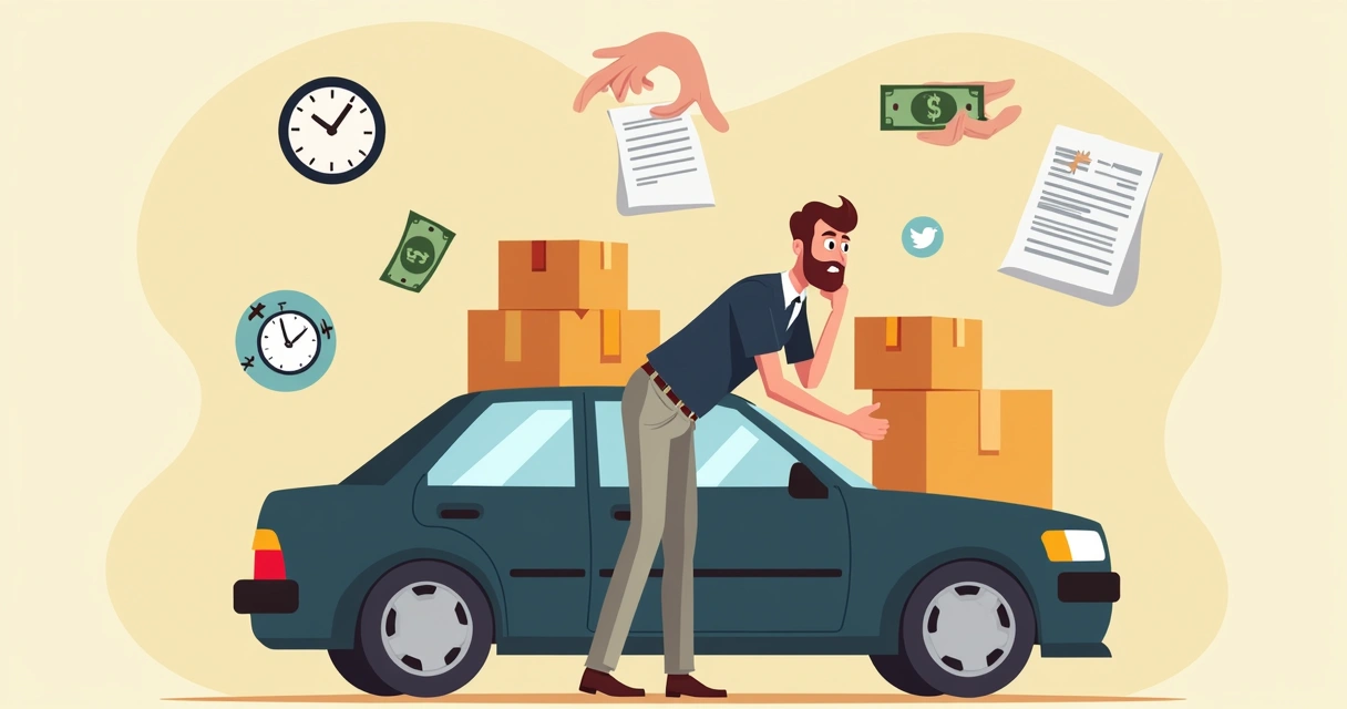 Desenho mostrando vendedor cansado com estoque no carro e situações de risco de furto, perda e papelada