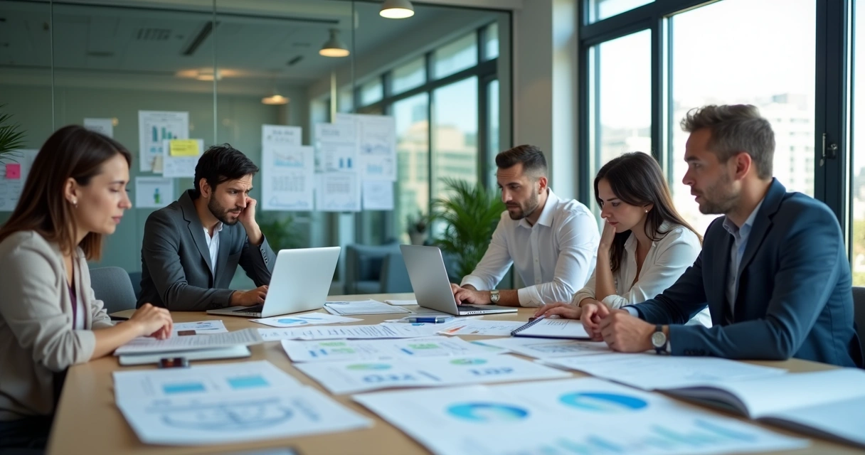 Equipes de vendas B2B frustradas olhando para planilhas e cadernos 