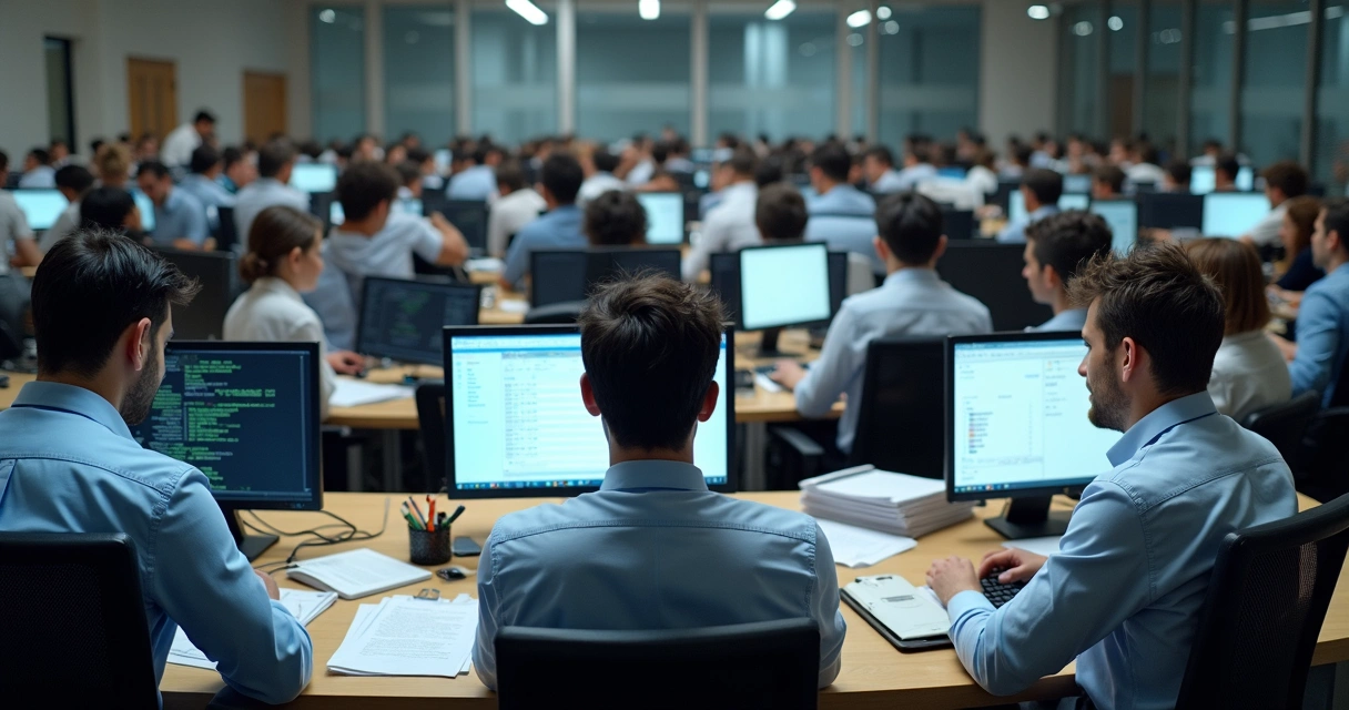 Equipe de escritório tentando exportar dados manualmente, aparência de frustração