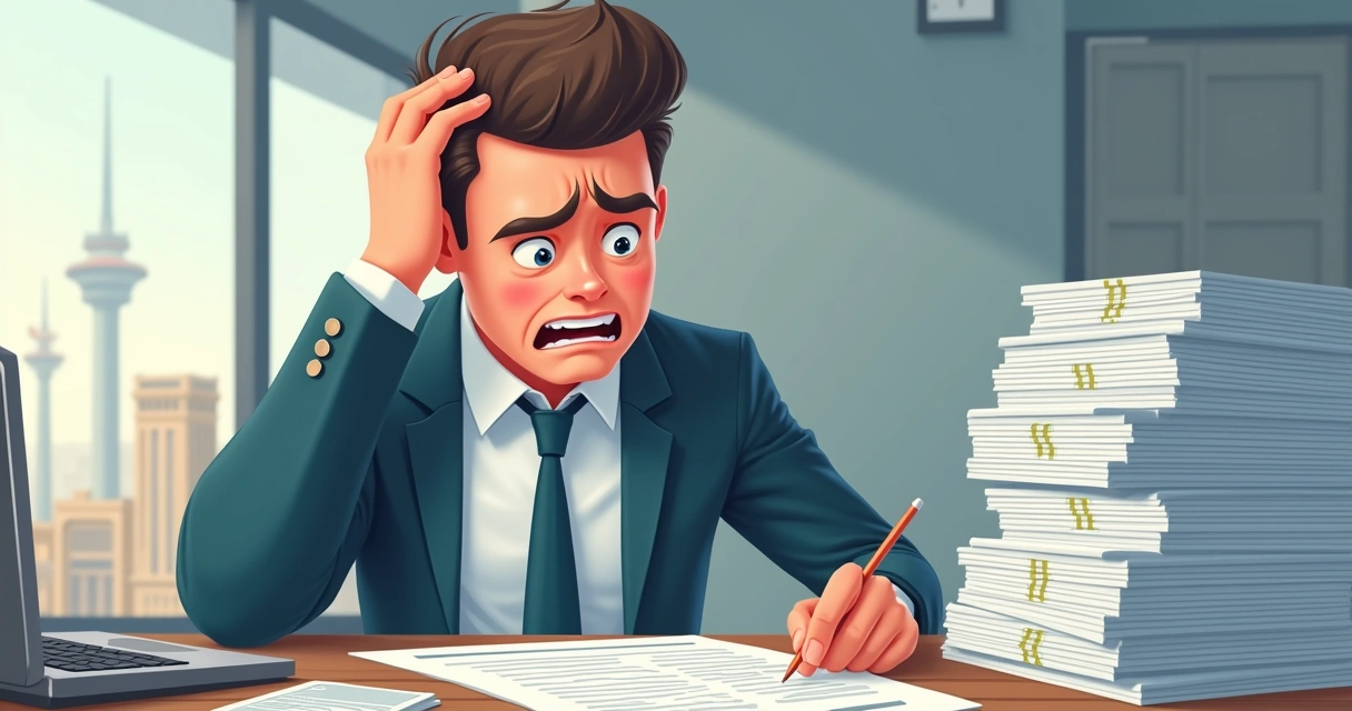 Empresário frustrado com pilha de documentos 