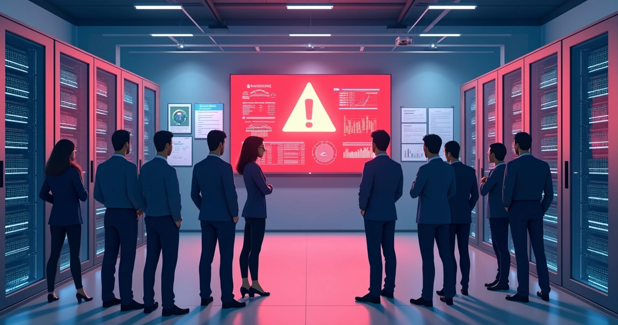 Equipe de TI observando alerta de servidor em sala de servidores 