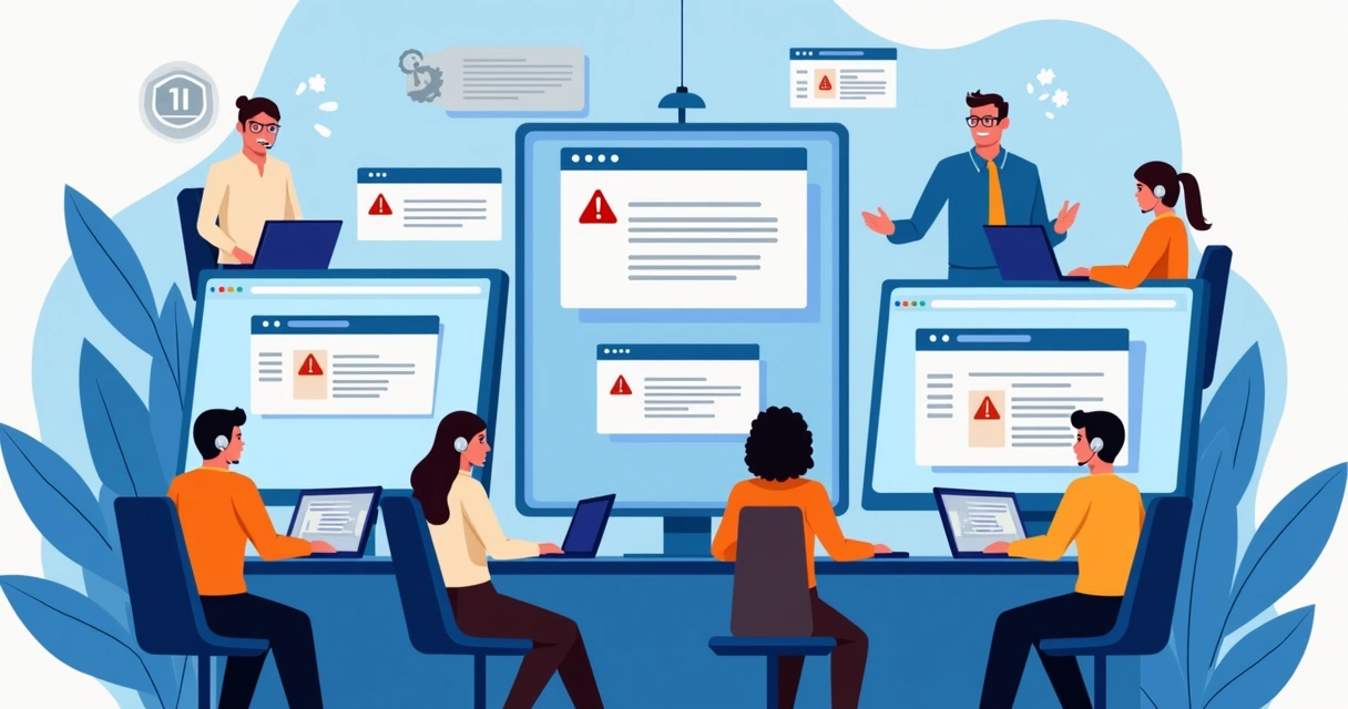 Equipe técnica resolvendo falhas em evento digital 