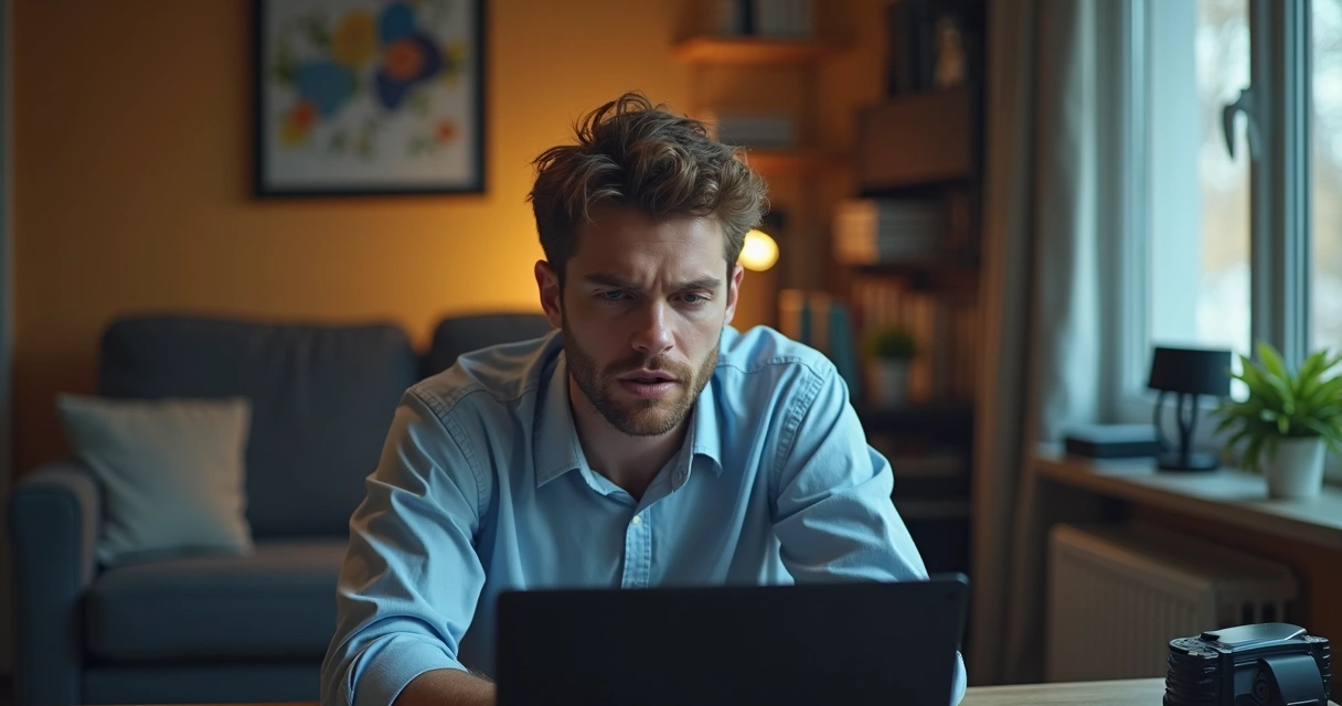 Profissional frustrado com problemas de conexão em videochamada em casa 