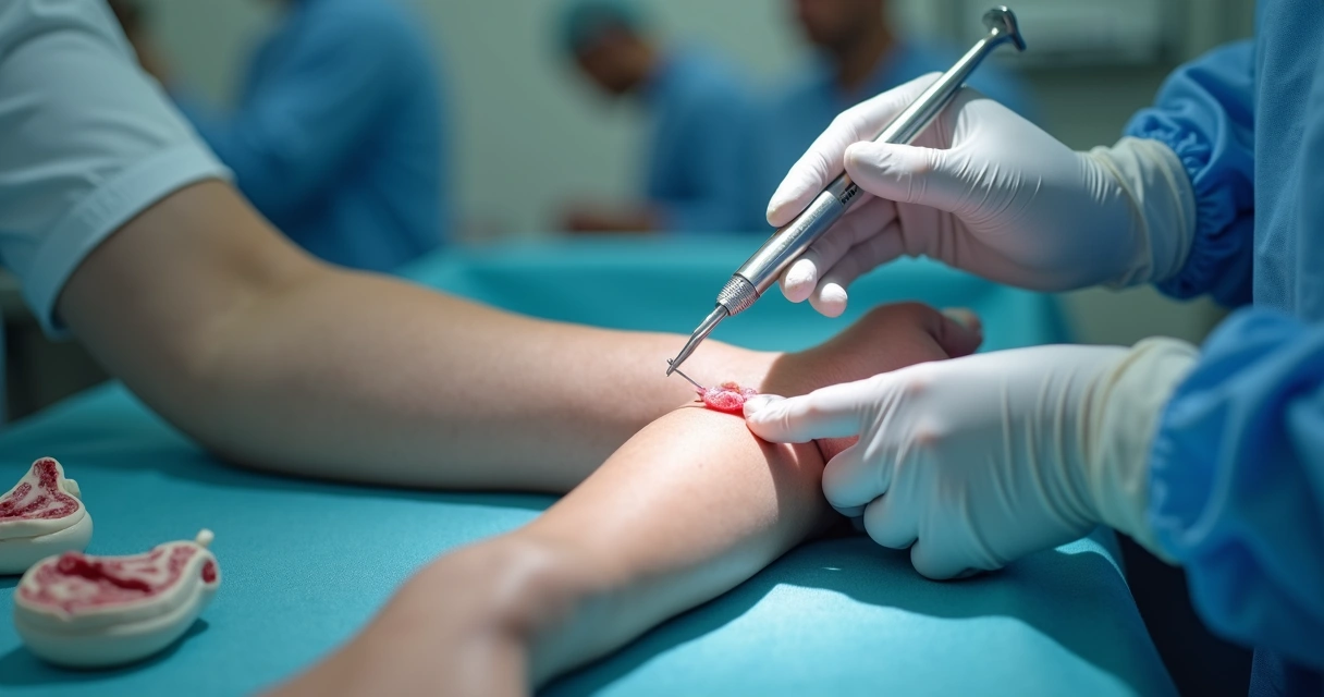 Equipe médica realizando coleta de tecido para biópsia 