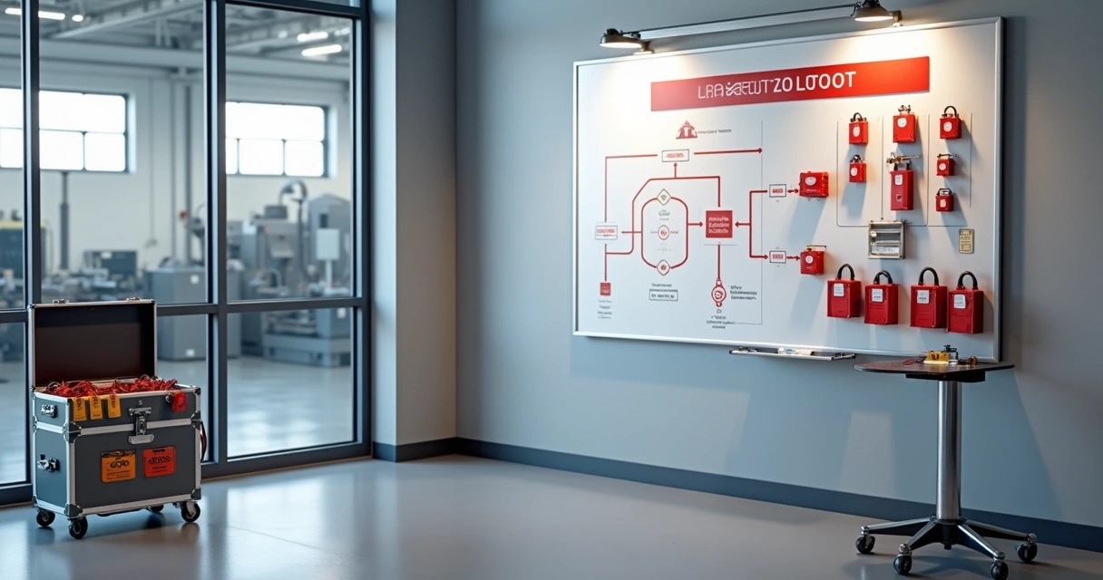 Quadro magnético com dispositivos de bloqueio e etiquetas de segurança em ambiente industrial 