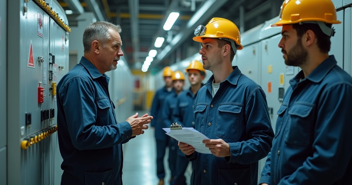 Técnico explicando painel de bloqueio em ambiente industrial 