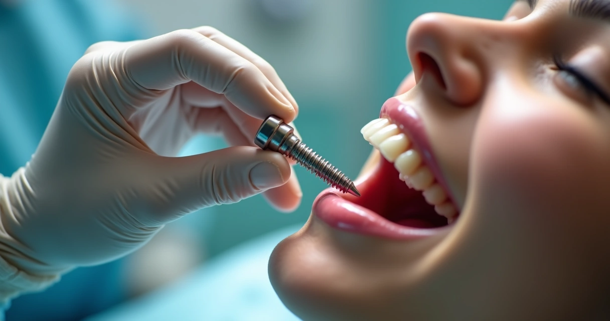 Dentista segurando implante dentário próximo à boca do paciente 