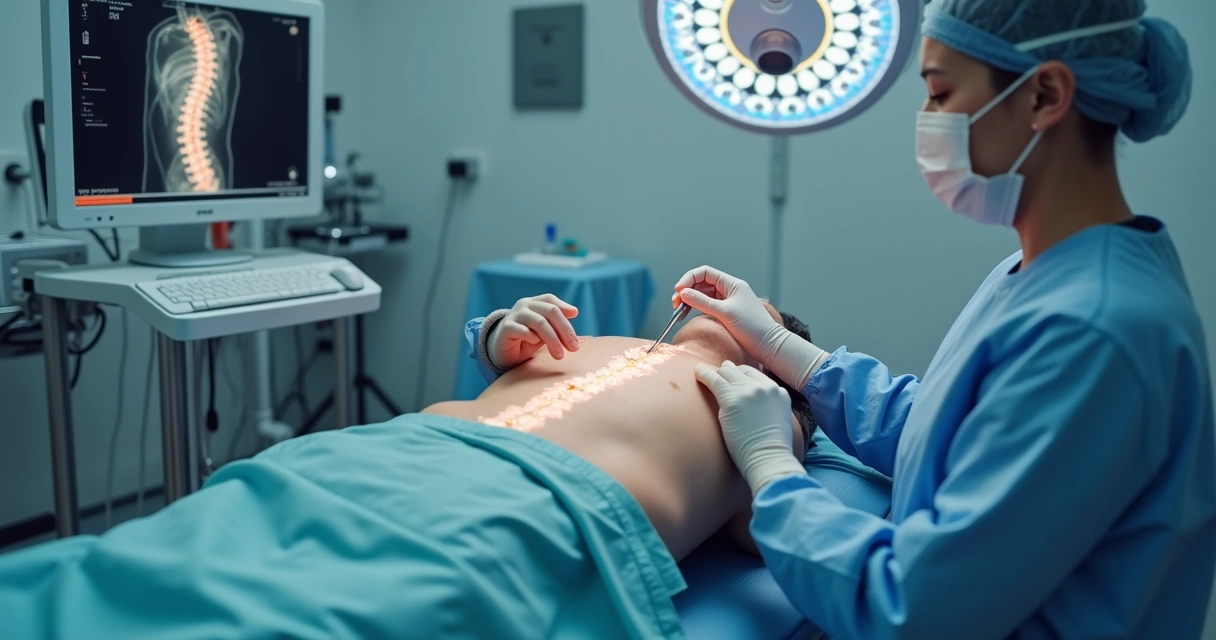 Procedimento guiado na coluna lombar com agulha e imagem médica 